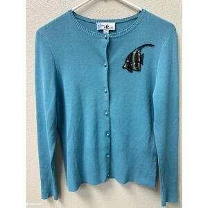 Guy Harvey Bluewater Cardigan Sweater Medium Blue Beaded‎ Sequin Fish Nautical
